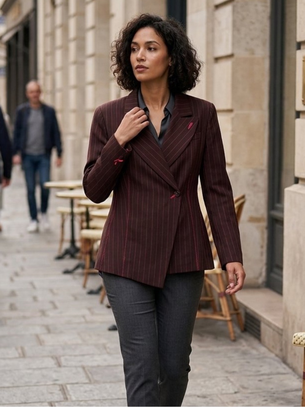 Vintage Chocolate Brown Burgundy Pinstripe Blazer Jacket Asymmetrical Women’s 12